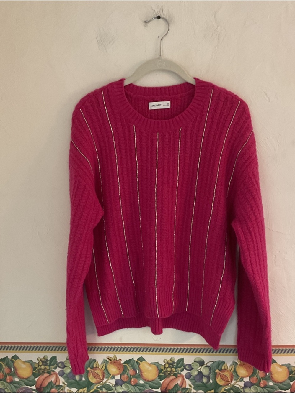 Nine West Embellished Rib-Knit Pullover Size M Pink/Rhinestone